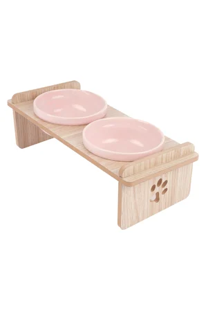Ahşap Standlı Seramik Kaseli Kedi-Köpek Mama Ve Su Kabı 