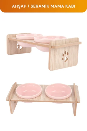 Ahşap Standlı Seramik Kaseli Kedi-Köpek Mama Ve Su Kabı 