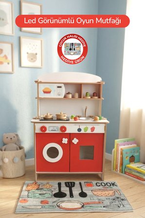ROZİTOYS Ahşap Montessori Minimal Led Ocak Tasarımlı Çocuklar İçin Eğitici Mutfak 5977