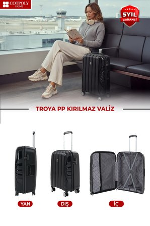 Troya Polipropilen PP Kırılmaz 2'li Valiz Seti Büyük ve Orta Boy 360° Döner Sessiz Tekerlekli Siyah