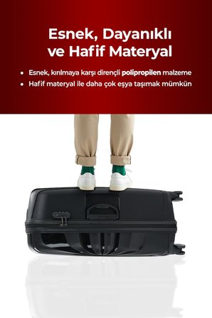 Troya Polipropilen PP Kırılmaz 2'li Valiz Seti Büyük ve Kabin Boy 360° Döner Sessiz Tekerlekli Siyah