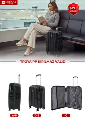 Troya Polipropilen PP Kırılmaz 2'li Valiz Seti Orta ve Kabin Boy 360° Döner Sessiz Tekerlekli Siyah