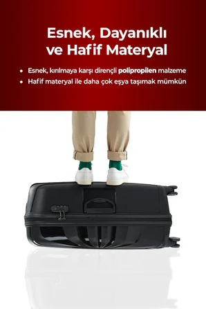Troya Polipropilen PP Kırılmaz 2'li Valiz Seti Orta ve Kabin Boy 360° Döner Sessiz Tekerlekli Siyah