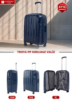 Troya PP Polipropilen Kırılmaz  Üçlü Set Valiz –  360° Döner Sessiz Tekerlekli LACİVERT 