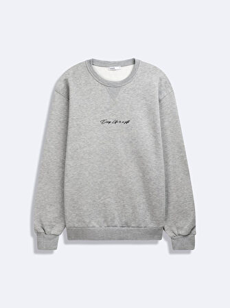 Uzun Kollu Sıfır Yaka Slogan Baskılı Gri Sweatshırt