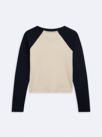 Uzun Kollu Slogan Baskılı Crop Krem Sweatshırt