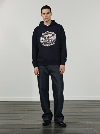 Uzun Kollu Kapüşonlu Slogan Baskılı Lacivert Sweatshırt