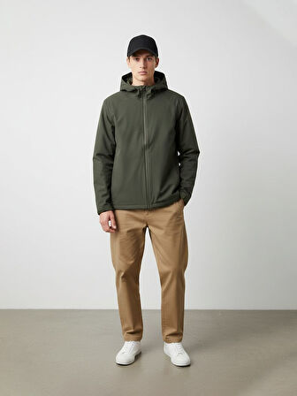 Uzun Kollu Kapüşonlu Fermuarlı Yeşil Mont