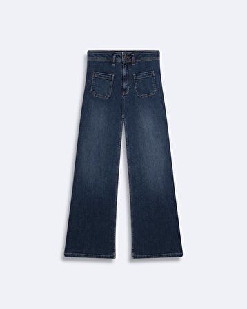 Wına Yüksek Bel Geniş Yaka Mavi Jean Pantolon