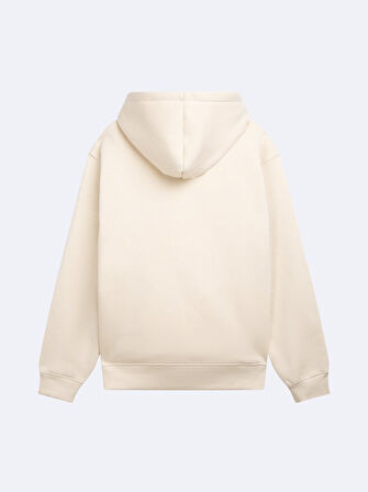Uzun Kollu Kapüşonlu Slogan Baskılı Bej Sweatshırt
