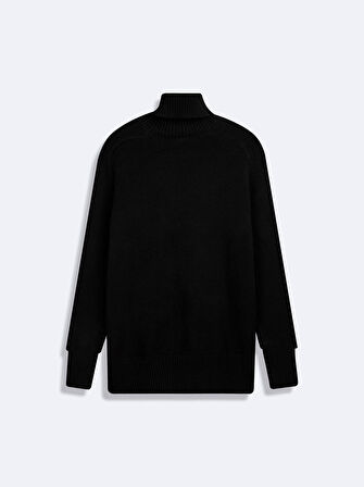 Uzun Kollu Balıkçı Yaka Triko Siyah Kazak