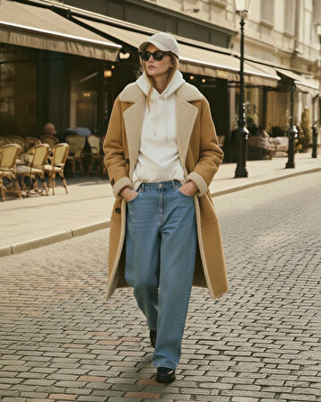 Çift Taraflı Kürk Önü Düğmeli Bej Mont