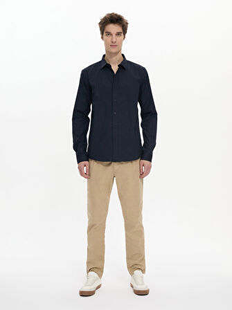 Uzun Kollu Önü Düğmeli Basic Lacivert Gömlek