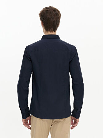 Uzun Kollu Önü Düğmeli Basic Lacivert Gömlek