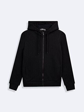 Fermuarlı Regular Kapüşonlu Düz Fit Siyah Sweatshırt