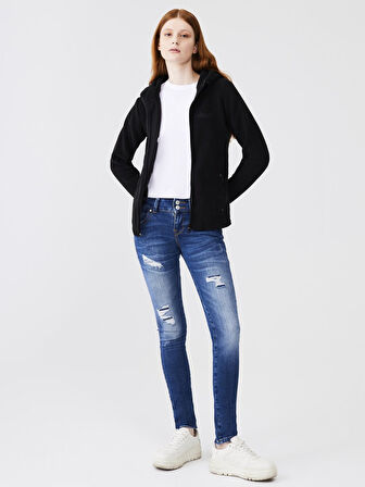 Uzun Kollu Kapüşonlu Polar Siyah Sweatshırt