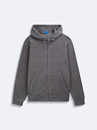 Uzun Kollu Kapüşonlu Fermuarlı Gri Sweatshırt