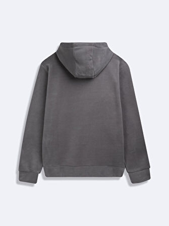 Uzun Kollu Kapüşonlu Fermuarlı Gri Sweatshırt