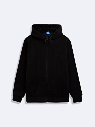 Uzun Kollu Kapüşonlu Fermuarlı Siyah Sweatshırt
