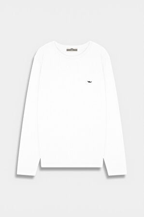 Uzun Kollu Bisiklet Yaka Basıc Beyaz Sweatshırt