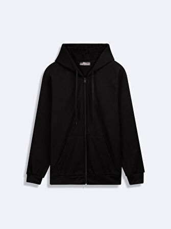 Kapüşonlu Fermuarlı Basic Siyah Sweatshırt
