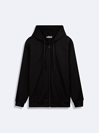 Kapüşonlu Fermuarlı Basic Siyah Sweatshırt