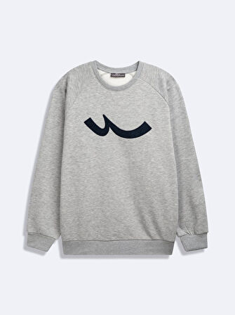 Uzun Kollu Sıfır Yaka Sign Baskılı Gri Sweatshırt