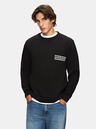 Uzun Kollu Sıfır Yaka Slogan Baskılı Siyah Sweatshırt