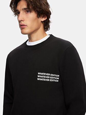 Uzun Kollu Sıfır Yaka Slogan Baskılı Siyah Sweatshırt