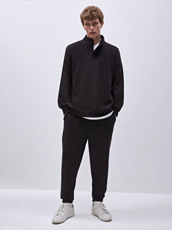 Uzun Kollu Yarım Fermuarlı Regular Siyah Sweatshırt