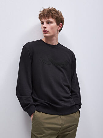 Uzun Kollu Sıfır Yaka Sign Baskılı Siyah Sweatshırt
