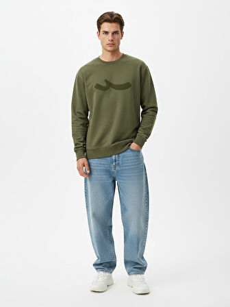 Uzun Kollu Sıfır Yaka Sign Baskılı Yeşil Sweatshırt