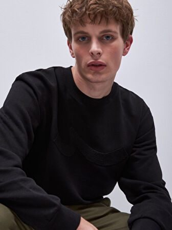 Uzun Kollu Sıfır Yaka Sign Baskılı Siyah Sweatshırt