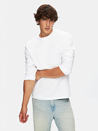 Uzun Kollu Sıfır Yaka Basic Beyaz Sweatshırt