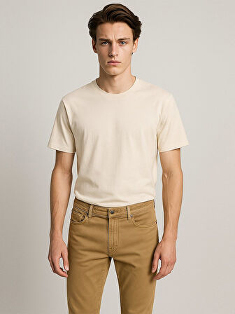 Kısa Kollu Sıfır Yaka Basic Krem T-shırt
