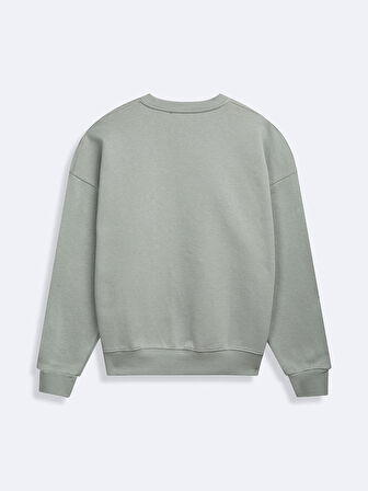 Uzun Kollu Sıfır Yaka Slogan Baskılı Yeşil Sweatshırt