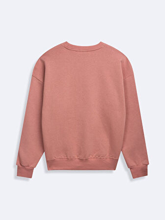 Uzun Kollu Sıfır Yaka Slogan Baskılı Pembe Sweatshırt