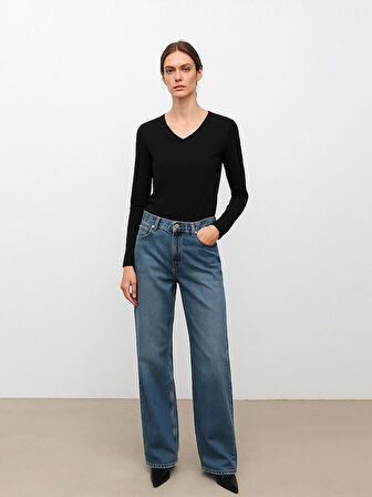 V Yaka Uzun Kollu Basic Siyah Sweatshırt