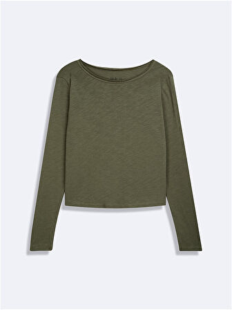 Uzun Kollu Sıfır Yaka Basic Yeşil Sweatshırt