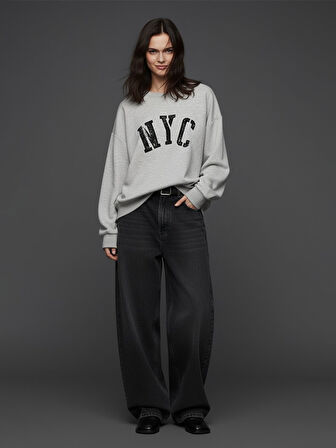 Uzun Kollu Sıfır Yaka Slogan Baskılı Gri Sweatshırt