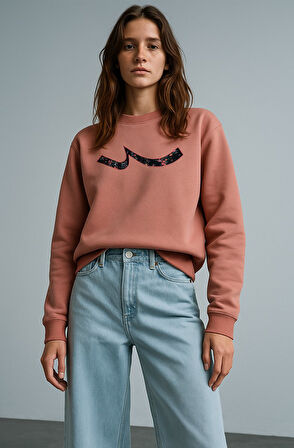 Uzun Kollu Sıfır Yaka Slogan Baskılı Pembe Sweatshırt