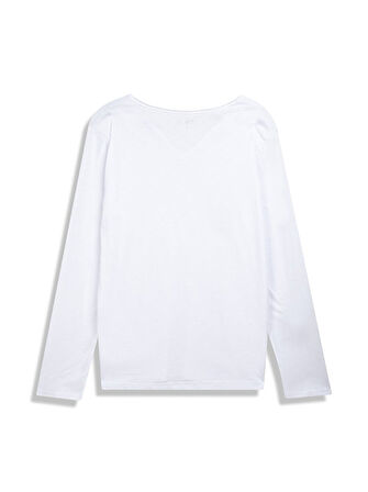 Uzun Kollu V Yaka Önü Düğmeli Basıc Beyaz Sweatshırt