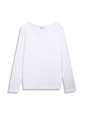 Uzun Kollu V Yaka Önü Düğmeli Basıc Beyaz Sweatshırt