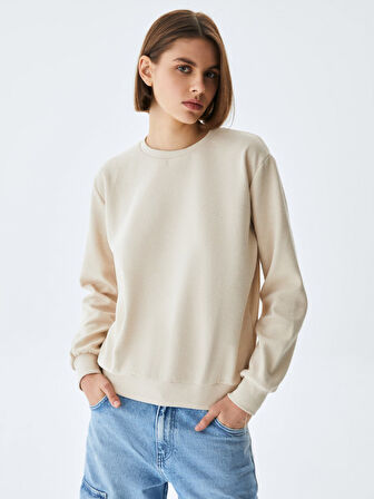 Uzun Kollu Sıfır Yaka Basic Krem Sweatshırt