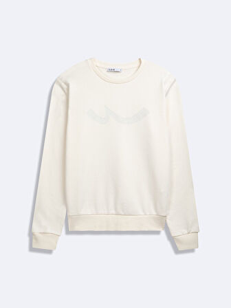 Sıgn Baskılı Bisiklet Yaka Uzun Kollu Bej Sweatshırt