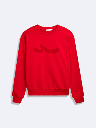 Sign Baskılı Uzun Kollu Bisiklet Yaka Kırmızı Sweatshırt