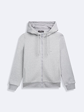 Fermuarlı Regular Kapüşonlu Düz Fit Gri Sweatshırt