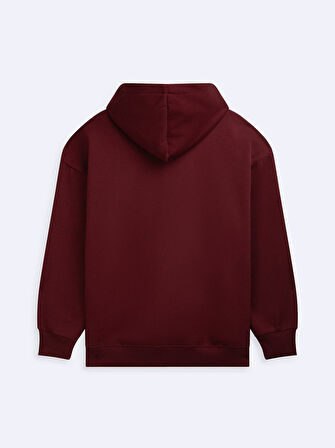 Uzun Kollu Kapüşonlu Slogan Baskılı Kırmızı Sweatshırt