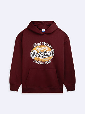 Uzun Kollu Kapüşonlu Slogan Baskılı Kırmızı Sweatshırt