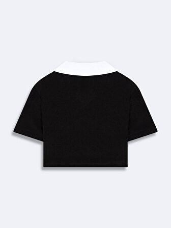 Havlu Kumaş Grafik Crop Kısa Kollu Siyah T-shırt